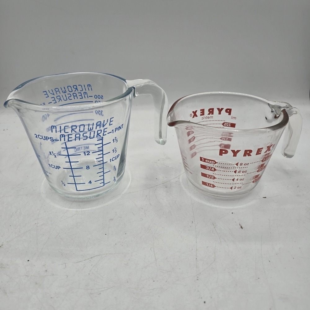 Lot of 2 Pyrex Glass Measuring Cups 2 Cup Blue & 1 Cup Red Lettering